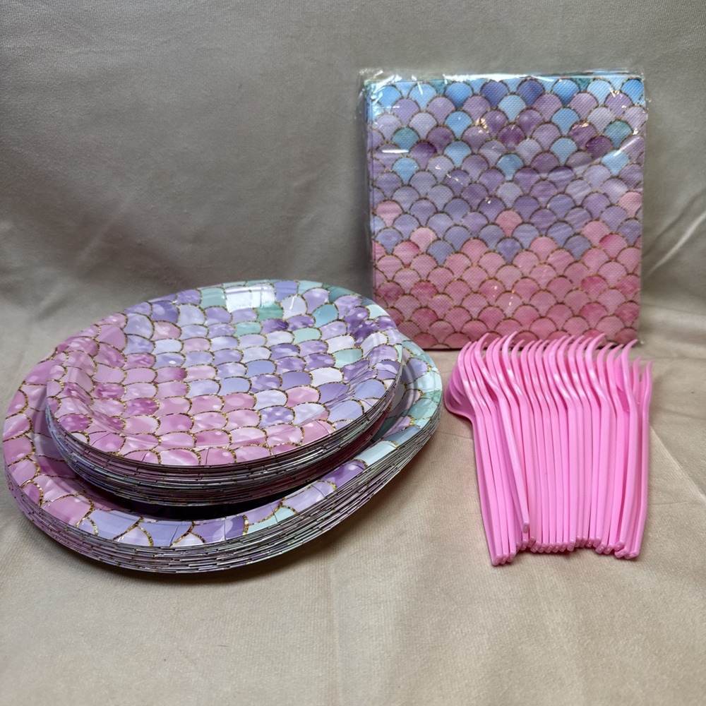 Mermaid Birthday Party Bundle.‎ 16-9" & 32 7" Plates 22 Forks Napkins NEW RPKG'd